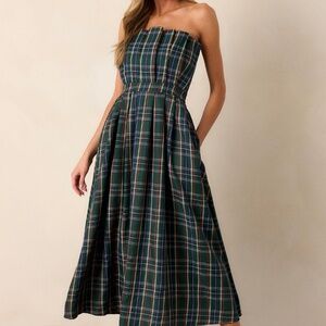 Red Dress Crystal Dreams Green Plaid Strapless Midi Dress Size MM / Green